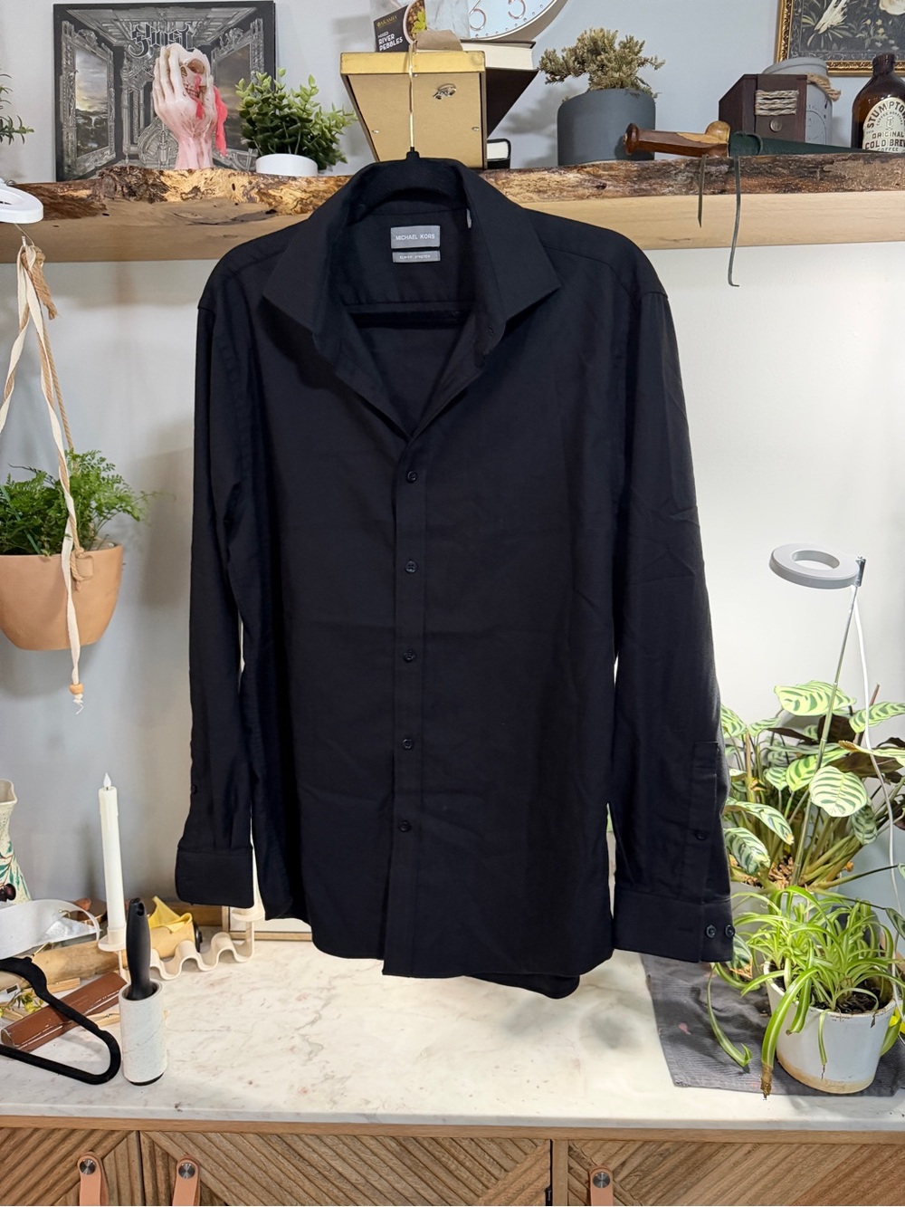 Michael Kors Black Long-Sleeve Dress Shirt - Slim Fit Stretch, Subtle Stripes